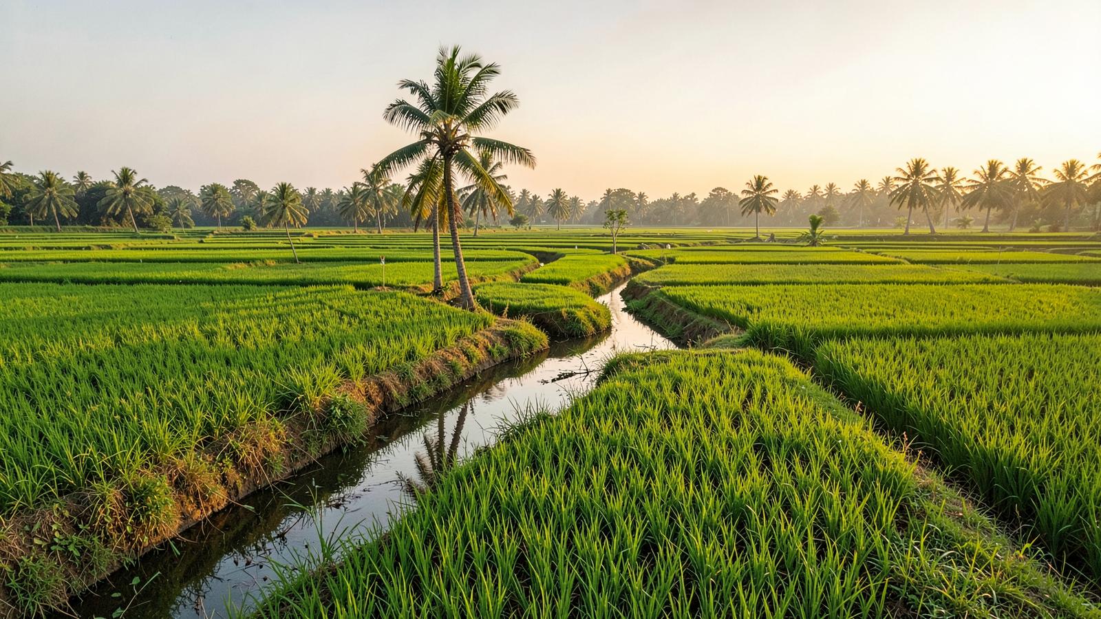গোধূলি বেলায় গ্রীন বাংলা এগ্রো ফার্মের সবুজ ধান ক্ষেত